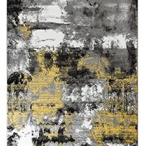 Rug and Decor Contempo 1009 Yellow Grey Black White Distressed Abstract Area Rug Carpet Alfombra for Living Room Bed Room (5' x 7' Area Rug)