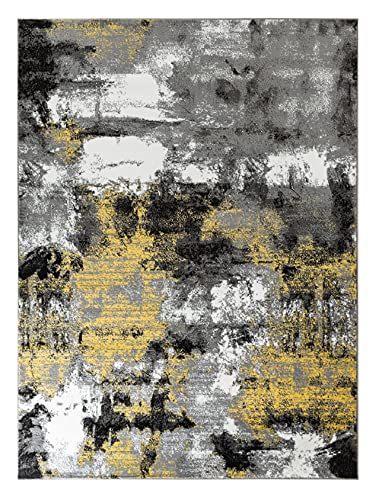 Rug and Decor Contempo 1009 Yellow Grey Black White Distressed Abstract Area Rug Carpet Alfombra for Living Room Bed Room (5' x 7' Area Rug)