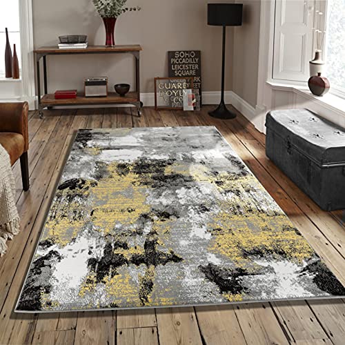Rug and Decor Contempo 1009 Yellow Grey Black White Distressed Abstract Area Rug Carpet Alfombra for Living Room Bed Room (5' x 7' Area Rug)