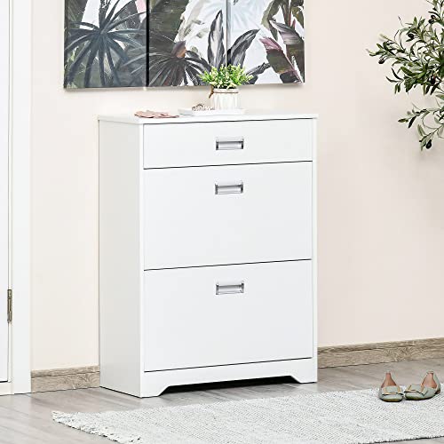 HOMCOM 3-Drawer Shoe Cabinet Modern Storage Rack with 2 Flip Doors Adjustable Shelf Freestanding Organizer for Hallway Holds 16 Pairs Shoe White