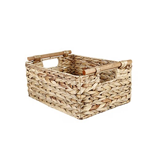 Water Hyacinth Storage Basket Hand-Woven Storage Baskets with Wooden Handle Decorative Wicker Storage Basket for Organizing Bathroom/Bedroom/Laundry Room/Pantry