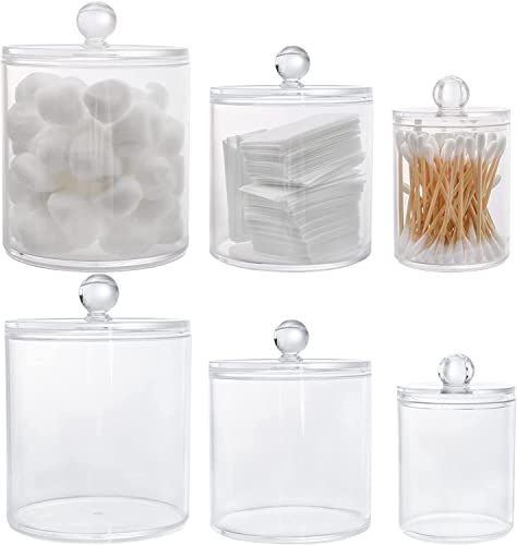 YOUEON 6 Pack Apothecary Jars with Lids, Qtip Holder Dispenser with Lid, 8/18/28 Oz Clear Cotton Ball Holder, Cotton Pad Holder, Bathroom Canister for Cotton Swab, Cotton Pads, Cotton Ball, Makeup