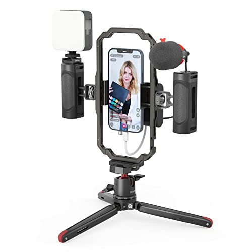 SmallRig Universal Phone Video Rig Kit for iPhone, Smartphone and Cameras, Phone Stabilizer Rig w/ Tripod Microphone LED Light Side Handle Power Bank Holderm, for Vlogging & Live Streaming - 3384B