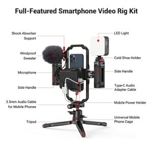 SmallRig Universal Phone Video Rig Kit for iPhone, Smartphone and Cameras, Phone Stabilizer Rig w/ Tripod Microphone LED Light Side Handle Power Bank Holderm, for Vlogging & Live Streaming - 3384B