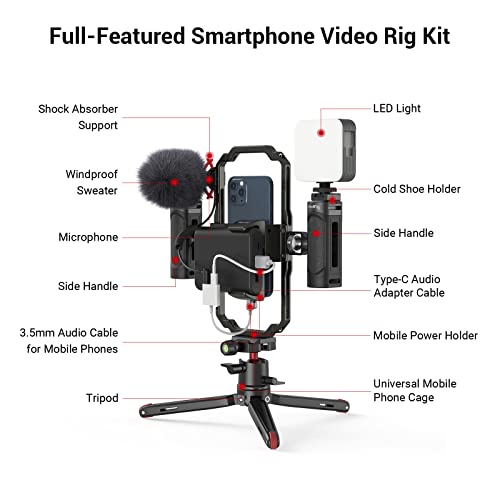 SmallRig Universal Phone Video Rig Kit for iPhone, Smartphone and Cameras, Phone Stabilizer Rig w/ Tripod Microphone LED Light Side Handle Power Bank Holderm, for Vlogging & Live Streaming - 3384B