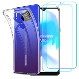 ytaland for blackview a80 / blackview a80s case, with 2 x tempered glass screen protector. (3 in 1) crystal clear silicone shockproof tpu bumper protective phone case cover