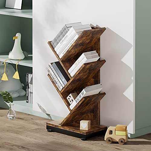 ruboka 4-Shelf Tree Bookshelf, 24.1-Inch Retro Floor Standing Bookcase Display for CDs/Magazine/Books, Small Bookshelf for Bedroom, Living Room, Office,Balcony, Brown Storage Shelves DESK51A