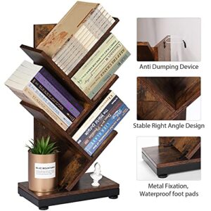 ruboka 4-Shelf Tree Bookshelf, 24.1-Inch Retro Floor Standing Bookcase Display for CDs/Magazine/Books, Small Bookshelf for Bedroom, Living Room, Office,Balcony, Brown Storage Shelves DESK51A