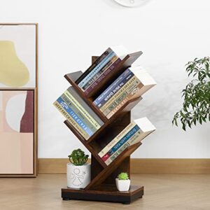 ruboka 4-Shelf Tree Bookshelf, 24.1-Inch Retro Floor Standing Bookcase Display for CDs/Magazine/Books, Small Bookshelf for Bedroom, Living Room, Office,Balcony, Brown Storage Shelves DESK51A