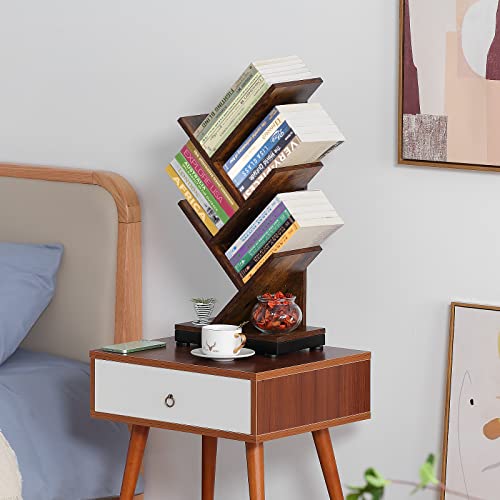 ruboka 4-Shelf Tree Bookshelf, 24.1-Inch Retro Floor Standing Bookcase Display for CDs/Magazine/Books, Small Bookshelf for Bedroom, Living Room, Office,Balcony, Brown Storage Shelves DESK51A