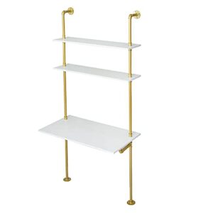 MAIKAILUN White and Gold Desk, 36" Ladder Desk, Wall Mount Computer Writing Table Pipe Shelf Shelving Mini Narrow Industrial Modern for Small Spaces(36x20x81)