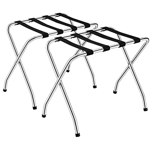 MIDDOW Chrome Luggage Rack, Foldable Metal Suitcase Stand with Nylon Belts, No Assembly Required, Ideal for Bedroom Guest Room Hotel (2)