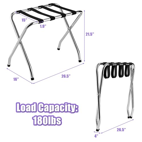 MIDDOW Chrome Luggage Rack, Foldable Metal Suitcase Stand with Nylon Belts, No Assembly Required, Ideal for Bedroom Guest Room Hotel (2)