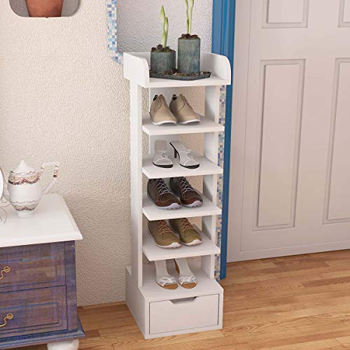 Mepplzian Shoe Rack Storage Rack with Bottom Drawer & 6 Shoe Rack Compartments, Space Saving Shoe Rack, Suitable for Bedroom, Living Room & Office(White Small)