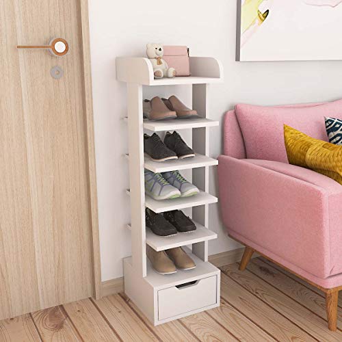 Mepplzian Shoe Rack Storage Rack with Bottom Drawer & 6 Shoe Rack Compartments, Space Saving Shoe Rack, Suitable for Bedroom, Living Room & Office(White Small)