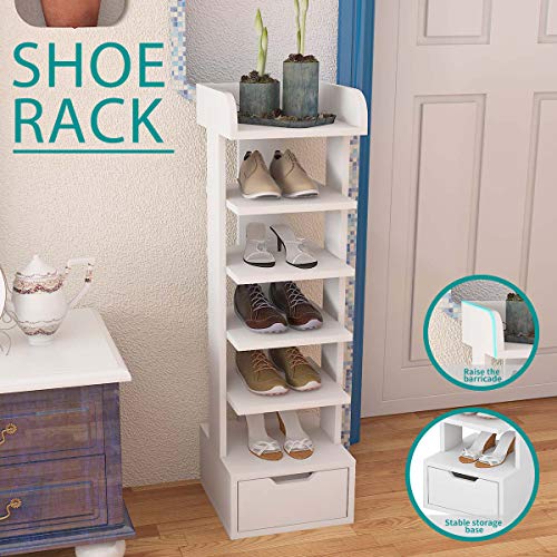 Mepplzian Shoe Rack Storage Rack with Bottom Drawer & 6 Shoe Rack Compartments, Space Saving Shoe Rack, Suitable for Bedroom, Living Room & Office(White Small)