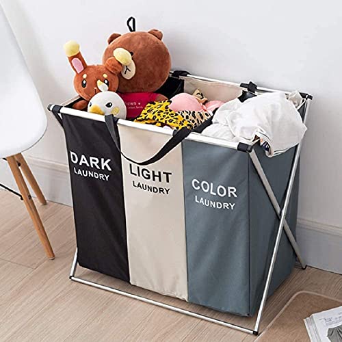 QQUN 3 Sections Laundry Hamper Cloth Basket Sorter Hamper Bin Collapsible Washing Storage Dirty Clothes Bag with Handle for Clothes, Toys, College Dorms, Bedroom, Bathroom (Grey-Black-White), 135L