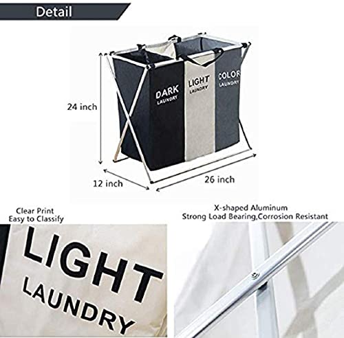 QQUN 3 Sections Laundry Hamper Cloth Basket Sorter Hamper Bin Collapsible Washing Storage Dirty Clothes Bag with Handle for Clothes, Toys, College Dorms, Bedroom, Bathroom (Grey-Black-White), 135L