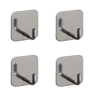 keipc 4pcs heavy duty self adhesive wall hooks, 304 stainless steel coat shower towel clothes hooks, stick on wall hooks for kitchen bathroom toilet, no drill no screw, waterproof (burnish silver)