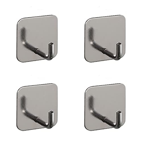 Keipc 4pcs Heavy Duty Self Adhesive Wall Hooks, 304 Stainless Steel Coat Shower Towel Clothes Hooks, Stick on Wall Hooks for Kitchen Bathroom Toilet, No Drill No Screw, Waterproof (Burnish Silver)