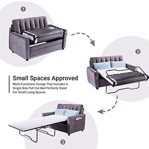 SURFLINE Pull Out Sofa Bed Sleeper Sofa Bed Loveseat Sleeper with Memory Foam Mattress Twin, Velvet Pull Out Couch with Storage Pocket and 2 Throw Pillows, Small Couch for Small Spaces Grey