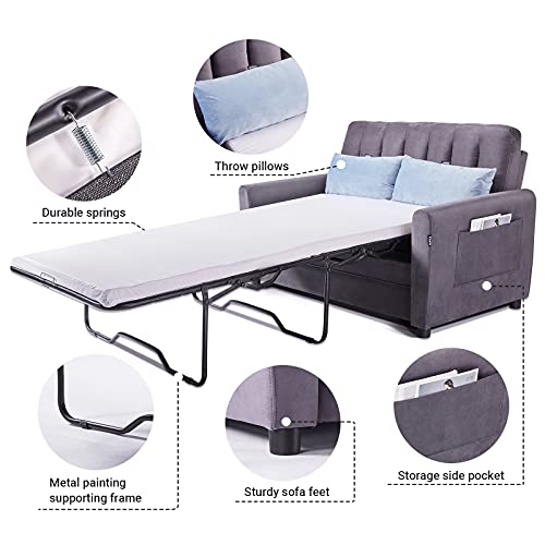 SURFLINE Pull Out Sofa Bed Sleeper Sofa Bed Loveseat Sleeper with Memory Foam Mattress Twin, Velvet Pull Out Couch with Storage Pocket and 2 Throw Pillows, Small Couch for Small Spaces Grey