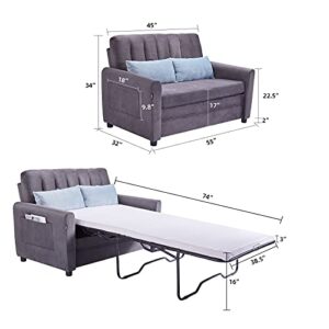 SURFLINE Pull Out Sofa Bed Sleeper Sofa Bed Loveseat Sleeper with Memory Foam Mattress Twin, Velvet Pull Out Couch with Storage Pocket and 2 Throw Pillows, Small Couch for Small Spaces Grey