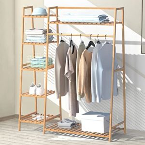 43.5" bamboo clothing garment rack free standing clothes coat hanger rolling closet organizer shoe rack wardrobe storage hall tree entryway living bedroom office storage shelves clothes hanging rack