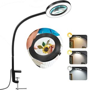 10x magnifying glass with light, real glass veemagni desk lamp with clamp, 3 color modes stepless dimmable, adjustable gooseneck led lighted magnifier with light and stand for crafts repair close work