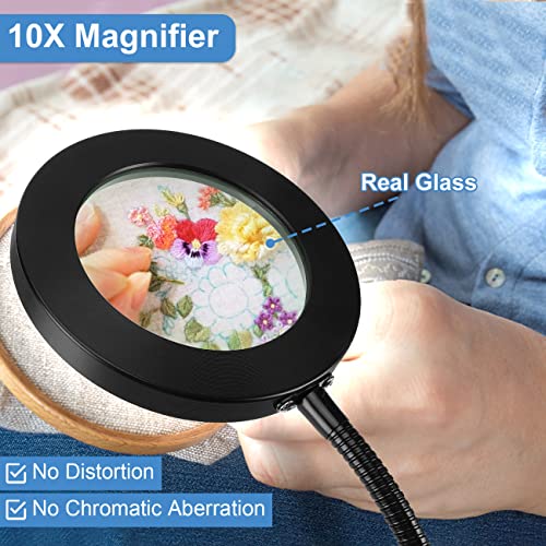 10X Magnifying Glass with Light, Real Glass Veemagni Desk Lamp with Clamp, 3 Color Modes Stepless Dimmable, Adjustable Gooseneck LED Lighted Magnifier with light and Stand for Crafts Repair Close Work