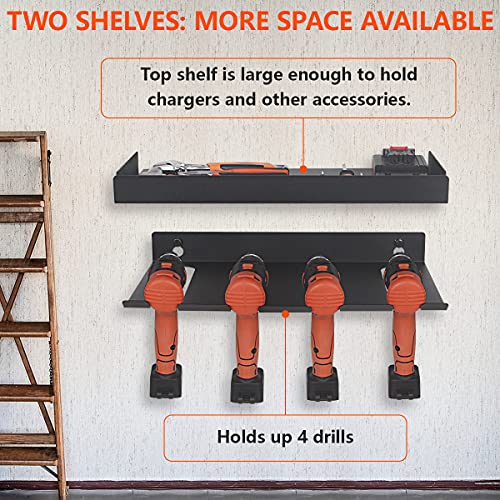 Butizone Power Tool Organizer, Wall Mount Drill Holder with Storage Shelf, Heavy Duty Metal Cordless Drill Rack for Garage, Home, Workshop, Holds 4 Drills and Batteries, Father's Day Gift