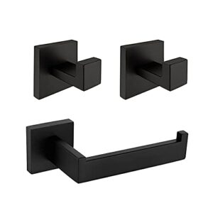 matte black bathroom hardware set 3 pieces sus304 stainless steel square wall mounted including toilet paper holder, robe towel hooks,bathroom accessories kit