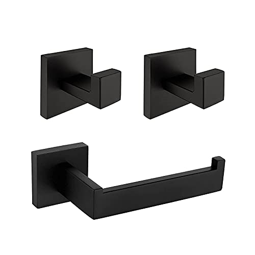 Matte Black Bathroom Hardware Set 3 Pieces SUS304 Stainless Steel Square Wall Mounted Including Toilet Paper Holder, Robe Towel Hooks,Bathroom Accessories Kit