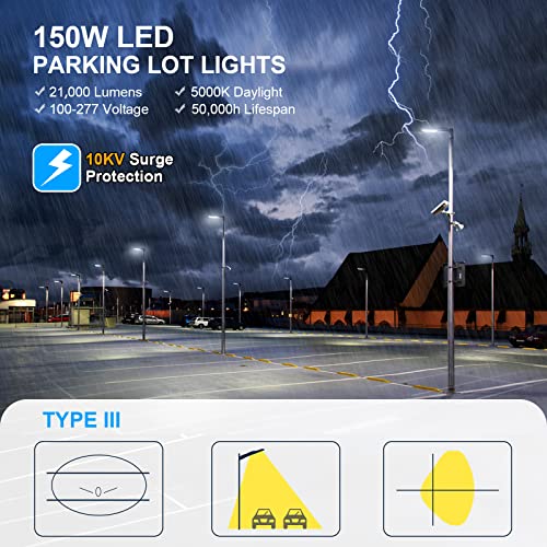 AKK 150W LED Parking Lot Lighting with Adjustable Slip Fitter, 21000LM (140LM/W) LED Parking Lot Lights, 5000K Street Light Dusk to Dawn Photocell, Waterproof LED Shoebox Light for Roadway, ETL Listed