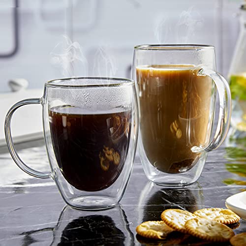 Double Wall Glass Coffee Mugs Set of 2, 16 oz Insulated Coffee Mug with Handle, Clear Borosilicate Glass Coffee Cups for Cappuccino, Tea, Lightweight and Microwave Safe, Ideal Gift for Christmas