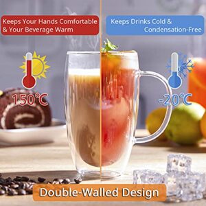 Double Wall Glass Coffee Mugs Set of 2, 16 oz Insulated Coffee Mug with Handle, Clear Borosilicate Glass Coffee Cups for Cappuccino, Tea, Lightweight and Microwave Safe, Ideal Gift for Christmas