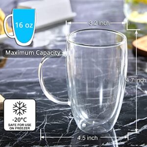 Double Wall Glass Coffee Mugs Set of 2, 16 oz Insulated Coffee Mug with Handle, Clear Borosilicate Glass Coffee Cups for Cappuccino, Tea, Lightweight and Microwave Safe, Ideal Gift for Christmas