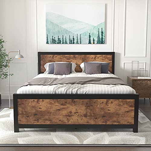 Queen Size Platform Metal Bed Frame with Wooden Headboard and Footboard/Rustic Country Style Mattress Foundation /No Box Spring Needed/Under Bed Storage/Strong Slat Support, Rustic Brown (Queen)