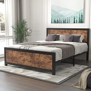 Queen Size Platform Metal Bed Frame with Wooden Headboard and Footboard/Rustic Country Style Mattress Foundation /No Box Spring Needed/Under Bed Storage/Strong Slat Support, Rustic Brown (Queen)