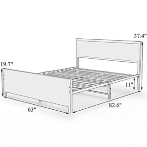 Queen Size Platform Metal Bed Frame with Wooden Headboard and Footboard/Rustic Country Style Mattress Foundation /No Box Spring Needed/Under Bed Storage/Strong Slat Support, Rustic Brown (Queen)