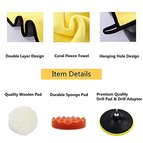 TPE Car Foam Drill Polishing Pad, Sponge and Wool Polishing Pad Set 7 PCS 5 Inch Buffing Polishing Pads Kit Polishing Pad Kit with Buffing Wheel for Drill with M14 Drill Adapter (5" 7pc)