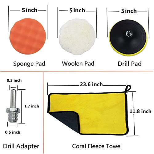 TPE Car Foam Drill Polishing Pad, Sponge and Wool Polishing Pad Set 7 PCS 5 Inch Buffing Polishing Pads Kit Polishing Pad Kit with Buffing Wheel for Drill with M14 Drill Adapter (5" 7pc)