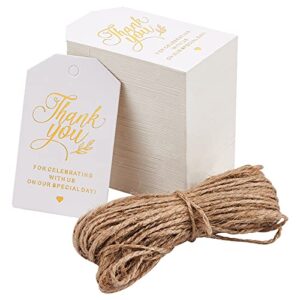 globleland 200 pcs thank you gift tags gold foil paper gift tags with 65.6ft natural jute twine for wedding favors, party decor