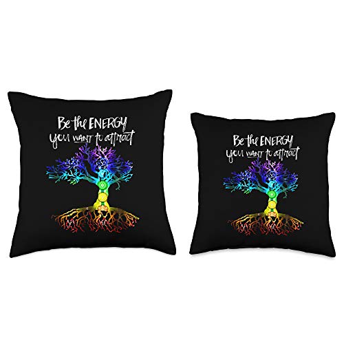 Wrinkled Hippie Chakra Tree of Life Be The Energy You Want to Attract Throw Pillow, 16x16, Multicolor