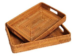 rectangular wicker serving tray-set of 2- w/inbuilt handles-handmade woven rattan storage basket-decorative coffee tabletop tray-boho flat bathroom organizer-(l- 15.4"x2.4" m- 13.7"x 2")