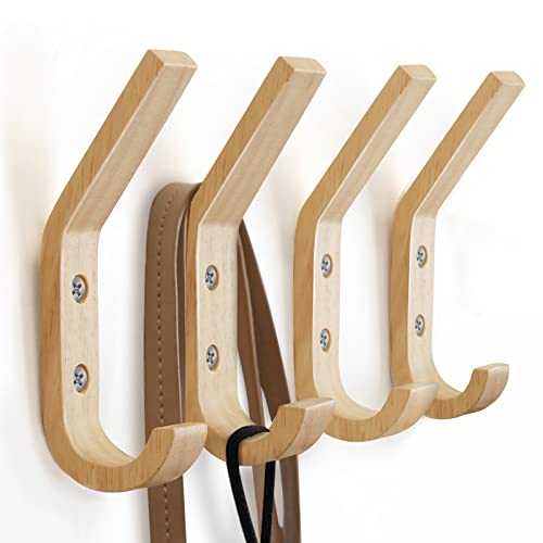 Wooden Coat Hooks Wall Hooks,Natural Oak Wood Hooks Decorative Vintage Wood Wall Hooks Organizer Heavy Duty Wall Mounted Hooks for Wall Hanging Coats, Key, Cap, Cup (4 Pack)