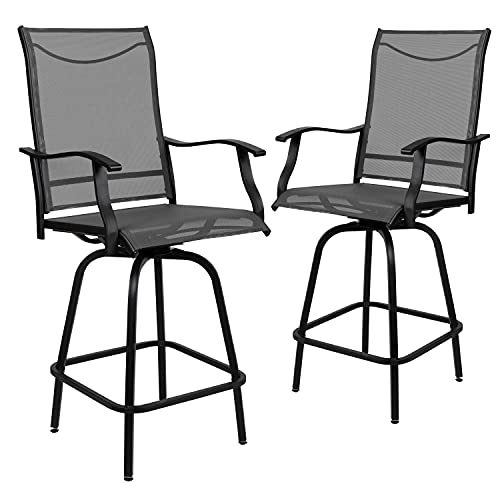 Flash Furniture Valerie Bar Height Set of 2, All-Weather Textilene Swivel Patio Stools and Deck Chairs with High Back & Armrests, Gray