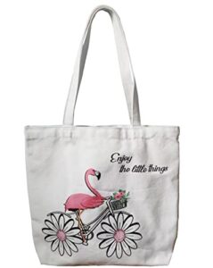 flamingo canvas bag shopping canvas bag women's casual bag tote bag reusable grocery bag (16w x 14h x 4bottom inch)