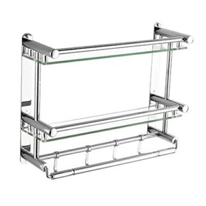 Bathroom Glass Shelf with Towel Rail and Hooks Wall Mounted Stainless Steel Rack, 2 Tier 40~60cm Anti-Rust Drilling Storage (Size : 50CM)