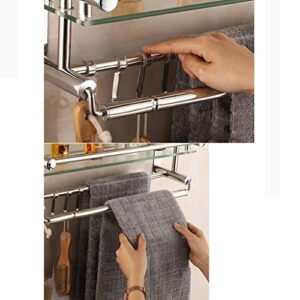 Bathroom Glass Shelf with Towel Rail and Hooks Wall Mounted Stainless Steel Rack, 2 Tier 40~60cm Anti-Rust Drilling Storage (Size : 50CM)